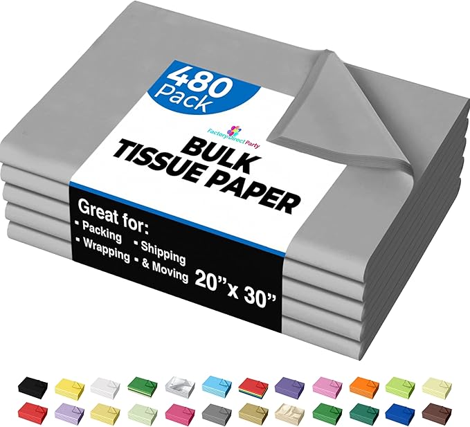 Party Solids Grey Tissue Paper for Gift Bags - 20" X 30" Bulk Tissue Paper Grey 480 Sheets - 10lb Newsprint for Packing, Birthday Gift Box Filler, Packing Supplies for Moving Supplies