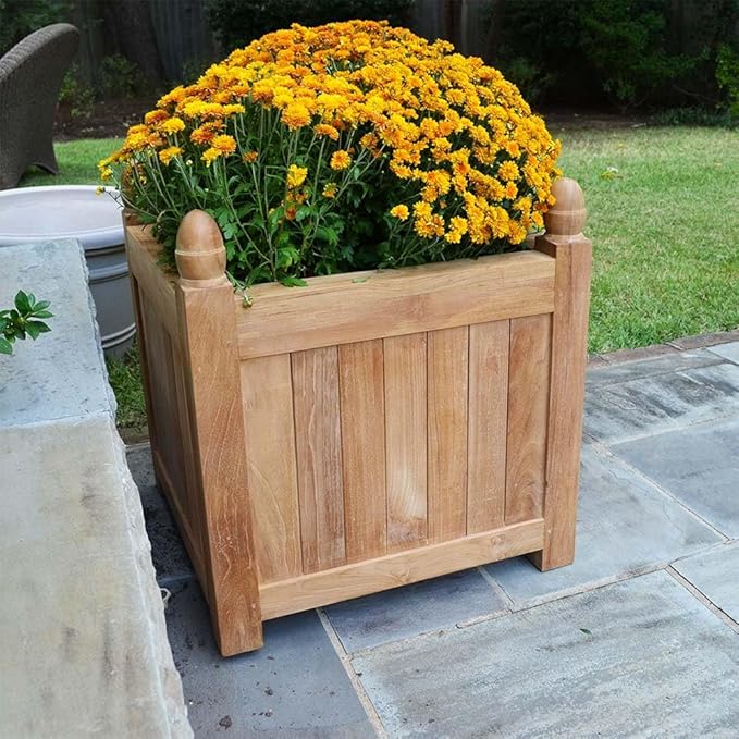 Ash & Ember Grade A Teak 25in Square Planter Box, Indoor Outdoor Large Cubed Flower Box, Weather Resistant Backyard Decor