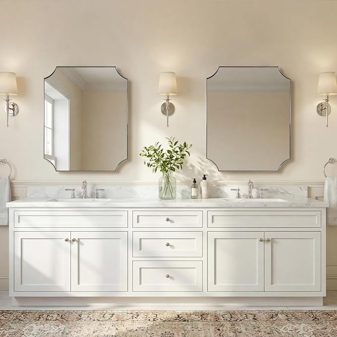 ANDY STAR 24"x30" Brushed Nickel Vanity Mirror, Scalloped Rectangle Mirror, Silver Wall Mirror in Rustproof Stainless Steel Thin Frame, Aesthetic Scalloped Corners, Designed for Bathroom Remodel