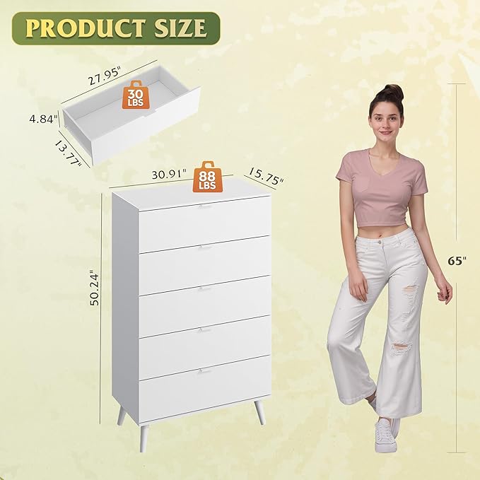 WLIVE 5 Drawer Dresser for Bedroom, Tall Wooden Dresser, White Dressers Storage Organizer with Sturdy Metal Handle, Chest of Drawers for Living Room, Hallway, Closet
