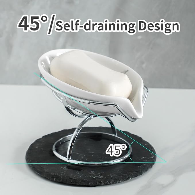 Dobbyby Leaf-Shaped Soap Dish – Ceramic Soap Bar Holder with Self-Drainage System – Bar Soap Holder for Shower, Bathroom Sink, Kitchen – Soap Dish with Stainless Steel Stand (White-Sliver-2 Pack)
