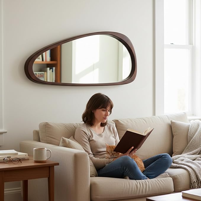 Solid Wood 48"x24" Large Full Length Irregular Mirror, Aesthetic Mid-Century Modern Statement Wall-Mounted Mirror, Modern Organic Asymmetrical Wooden Mirror, Dark Walnut