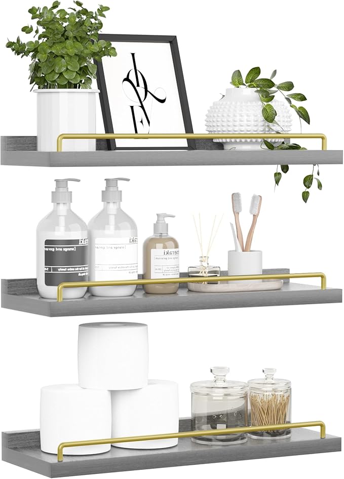 RYOFOBETTO Floating Shelves for Wall Decor, Grey and Gold Shelves for Bathroom, Living Room, Bedroom, Picture Frames, Plants, Kitchen (Set of 3)