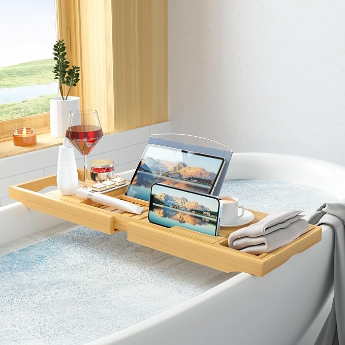 Sen Yi Bao Luxury Bamboo Bathtub Tray - Wooden Expandable Caddy with Book, Tablet, Wine Holder - Gift Idea
