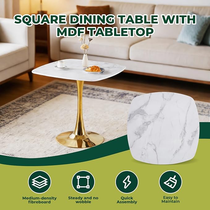 31.5 Inch Square Dining Table for 2 to 4 Person Mid Century Modern Tulip Table with Metal Pedestal Base Thick MDF Top for Apartment Kitchen Bistro Office, White and Golden
