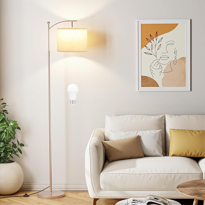 Ambimall 60" Floor Lamp for Living Room with 3 Color Temperatures, Adjustable Beige Shade with Light Gold Pole, Tall Lamp for Bedroom Office Classroom Dorm Room, 9W Bulb Included