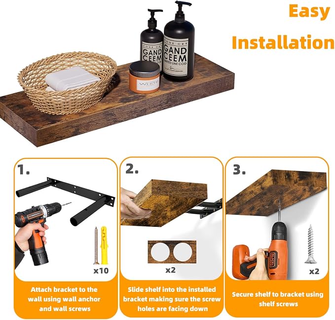 Rustic Brown Floating Shelves for Wall，24in Wall Mounted Display Ledge Shelves Perfect for Bedroom, Bathroom, Living Room and Kitchen Decoration Storage (Rustic Brown, Set of 2)