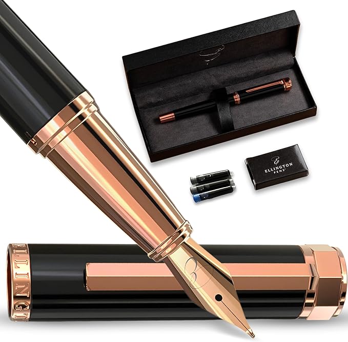 Ellington Pens Luxury Fountain Pen Set - Smooth Fine Nib- Includes 3 Ink Cartridges, Refillable Ink Converter, Gift Box- Fountain Pens For Writing, Calligraphy, Journaling, Sketching (Midnight Rose)