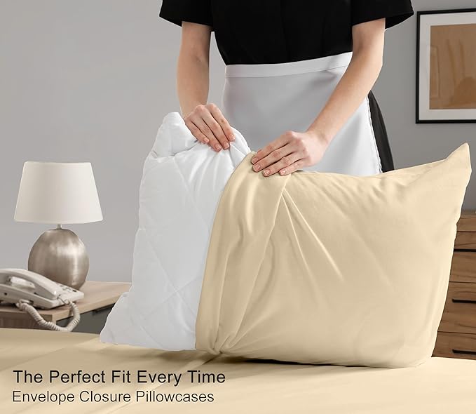 RUVANTI 100% Cotton Sheets Queen Size Set, 4 Pieces, Soft & Breathable Percale Weave Bedding, Deep Pocket 16", Hotel Standard, Crisp Cool Feeling, Durable, Perfect Dyed Bed Sheet, Beige