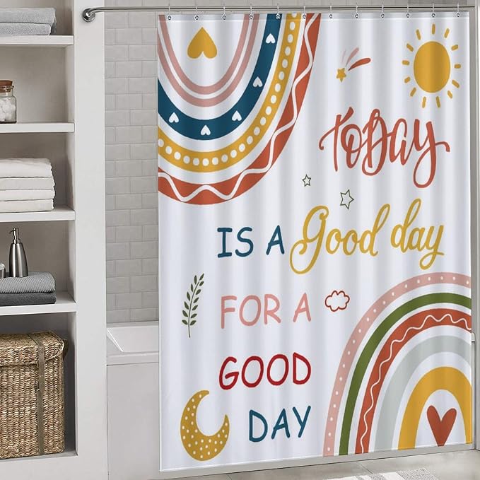 Colorful Shower Curtain, Kids Girls Baby Boho Rainbow Cute Inspirational Motivational Quotes Bohemian Cartoon Pink Pastel Waterproof Fabric Bathroom Shower Curtain Set with Hooks, 72"x78" Inch