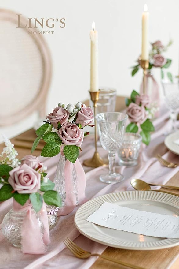 Ling's moment Artificial Flowers 1.5" and 2" Dusty Rose 25pcs Realistic Rose Buds and Petite Roses w/Stem for DIY Wedding Bouquets Centerpieces Boutonniere Corsages Flower Decorations