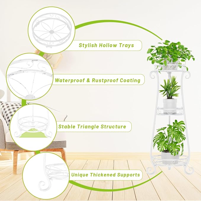 KMOTASUO 3 Tier Metal Plant Stand for Multiple Large Planters Indoor Outdoor Organizer, Heavy Duty Tall Flower Rack for Corner Patio Bathroom Office Corner, Modern Sturdy Vertical Iron Rack, White