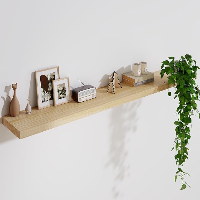 Solid Wood Floating Shelves For Wall, 55”W x 9”D x 1.56”H Large Wall Shelves for Living Room Bedroom Bathroom Kitchen Drcor Storage with Invisible Heavy-Duty Metal Bracket, Natural, Set of 1