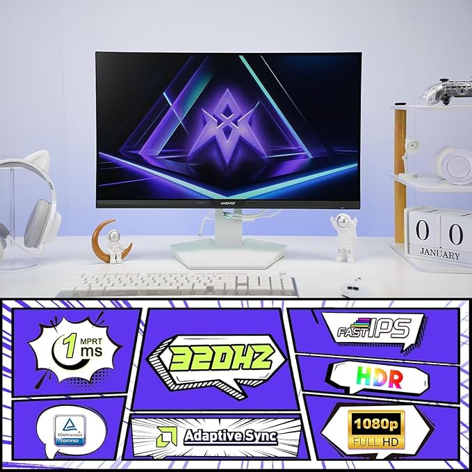Amzfast 25 Inch White Gaming Monitor 320Hz/300Hz/240Hz, FHD 1080P 1ms Fast IPS Monitor, 12 Months Warranty Exchange (HDMI & DP Dual Cable) TÜV Rheinland Eye Care | AI Crosshair, Night Vision Function
