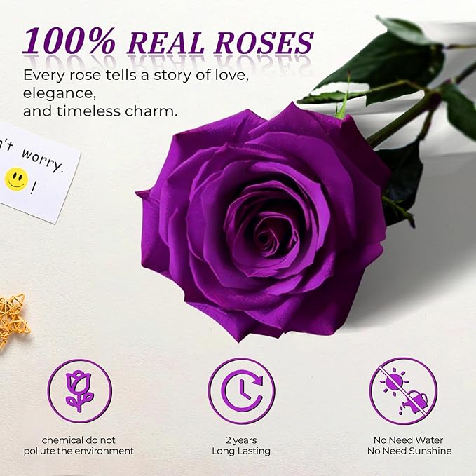 16 Pieces Forever Flower Heart Shape in a Box Preserved Blue Roses for Delivery Grade A Quality 100% Real Immortal Flowers Eternal Birthday for Her Mom Women Wife Girlfriends (Purple)