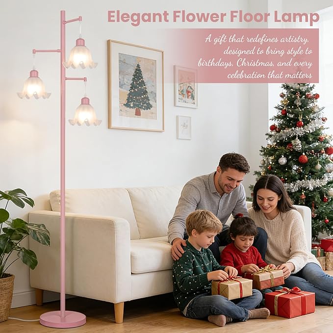 TOBUSA Pink Flower Floor Lamp for Living Room, 3-Light Vintage Standing Lamp with 3 E26 Bulbs, 68’’ Tall Corner Floor Lamp with Floral Lampshades, Modern Boho Floor Light for Bedroom Office Girls