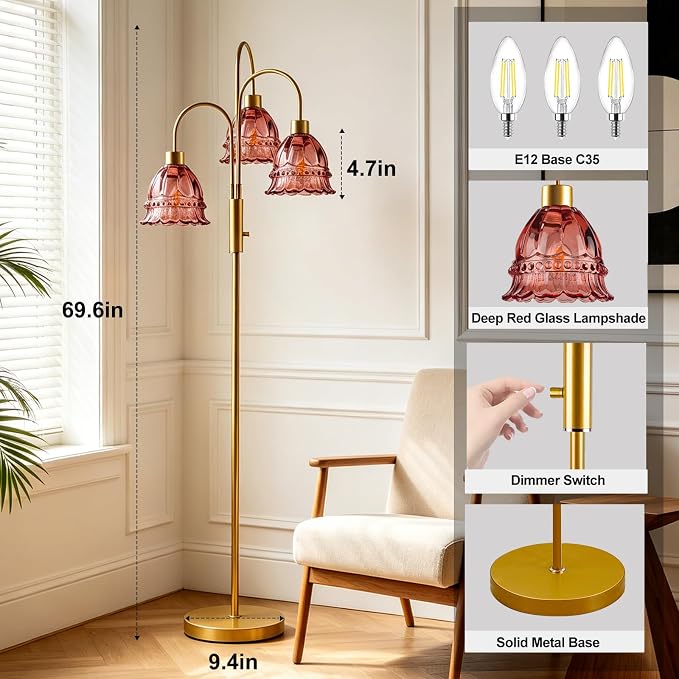 3-Light Glass Floor Lamp with Deep Red Ribbed Glass Shades, 70" Gold Dimmable Tall Standing Lamp with 3PCS 3000K Warm White Bulbs, Modern Tree Pole Lamp for Living Room Bedroom Home Office Corner
