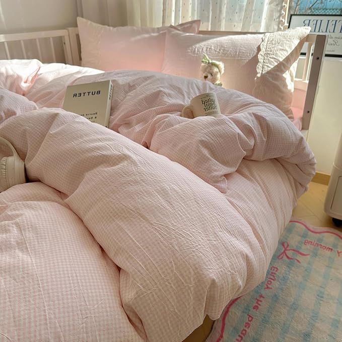 LifeTB Pink Gingham Duvet Cover King Size 3 Pieces Romantic Lace Duvet Cover Pink Plaid Checkered Comforter Cover with 2 Pillowcases Soft Breathable Microfiber Grid Farmhouse Plaid Bedding Set