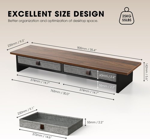 Fenge Dual Monitor Stand - 2-Tier Desk Riser with Drawer for 35 Inch Monitors | Home & Office Use