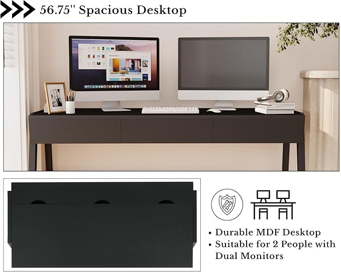 HNY 59 Inches Black Wooden Writing Desk with 3 Drawers, Computer Study Table with MDF Top, Solid Rubberwood Legs and Hidden Cable Management Holes, Corner Makeup Vanity Desk for Home Office, Bedroom
