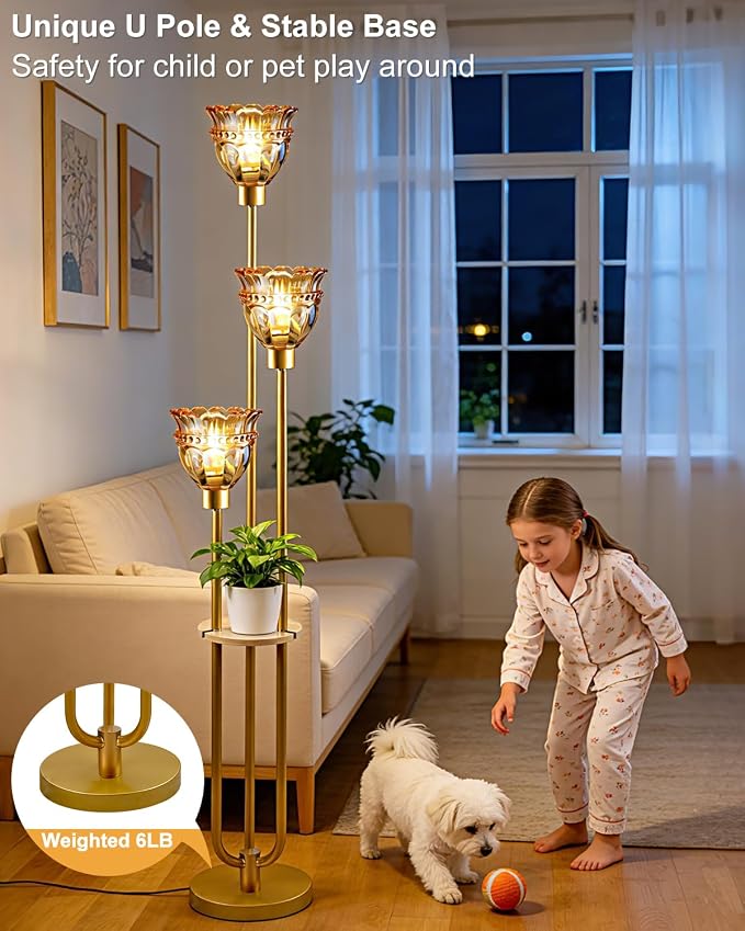 Lightdot Glass Floor Lamp for Living Room Mid Century Modern Gold Floor Lamp with Amber Glass Shade 3000K Bulbs Included Tall Standing Lamp with 5Lbs Heavy Base for Bedroom/Sofa Beside/Corner Decor