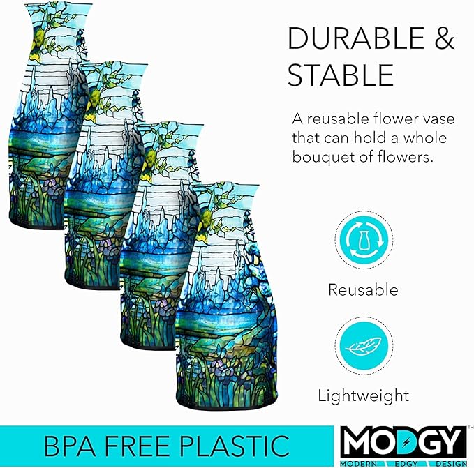 MODGY Expandable Flower Vase, Plastic Decorative Modern Foldable Printed Vases for Centerpieces for Wedding, Dining Table, Home Decor, Living Room, Bathroom, Iris Landscape, Louis C. Tiffany, 4 Pack