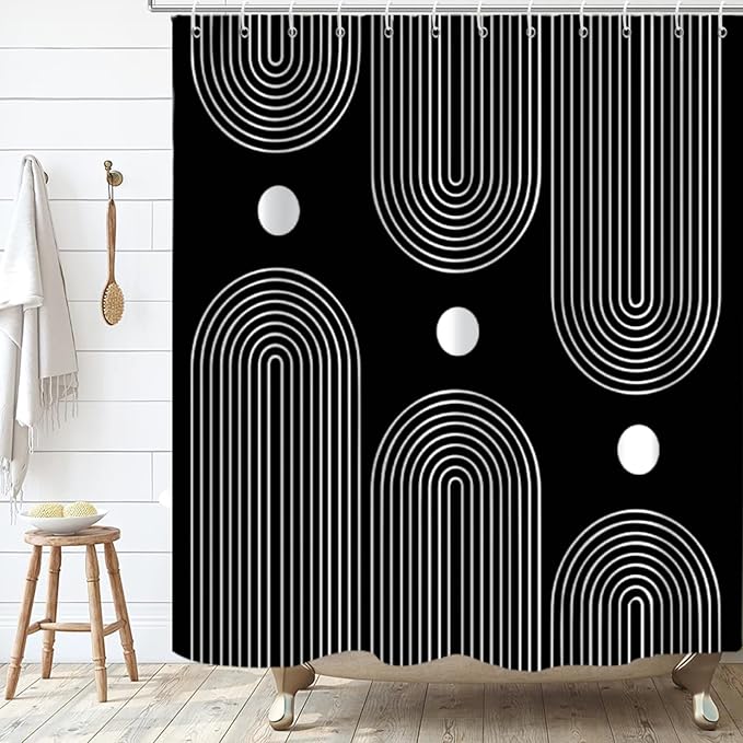 Black and White Extra Long Shower Curtain, Boho Minimalist Mid Century Modern Arch Geometric Machine Washable Waterproof Fabric for Bathroom Bathtub Decor with Hooks 72Wx78H