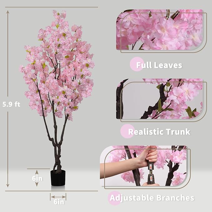 5.9ft Tall Pink Artificial Cherry Blossom Tree, Realistic Handmade Silk Leaves Sakura Plant, Fake Lifelike Cherry Blossom Tree for Home Office Indoor Outdoor Party Wedding Christmas Decor