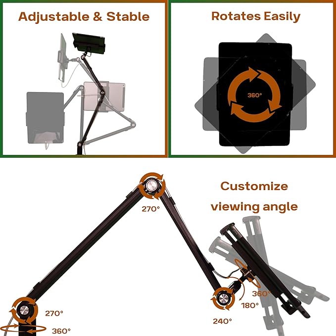 FORTIHOLD Stand for 16 Inch Portable Monitor - Heavy Duty Aluminum Mount with Infinite Angle Adjustment, Built-in Cable Management - Fits iPad Pro 12.9, Tablets, iPhone (Holds 4.7"-16" Devices)