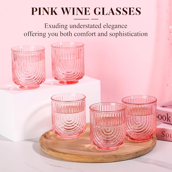 Pink Vintage Drinking Glasses Set of 6-15oz Hand-Blown Highball Ribbed Glassware, Arch Design Cocktail Glasses for Whiskey Water Beverages Ice Coffee Juice Milk