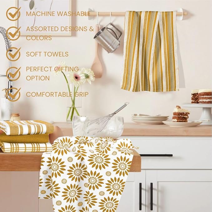 Assorted Kitchen Towels Large 16x26 inches 100% Cotton Set of 5 - Soft Absorbent Washable Tea Towel for Kitchen - Dish Cloths with Hanging Loop - Quick Drying Towels Yellow Mustard