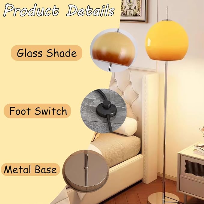 MIXL-Orange Mushroom Floor Lamp,Chrome Floor Lamp with Foot Switch,Dimmable Standing Lamp with Dome Shade,Mid-Century Modern Reading Lamp for Living Room Bedroom and Office