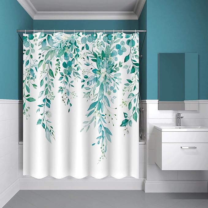 84 Inch Extra Long Teal Eucalyptus Shower Curtain Watercolor Floral Plant Leaf Shower Curtains for Bathroom Botanical Flower Waterproof Fabric Bath Curtain Decor with Hooks (Teal, 72'' x 84'')