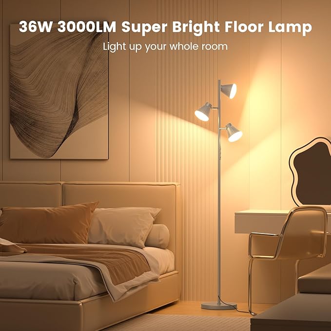 SIBRILLE 36W LED Tree Floor Lamp, Dimmable Tall Standing Lamp with Remote & Touch Control, 4 Color Temperatures Bright Floor Lamp, 3 Rotatable Light Modern Floor Lamps