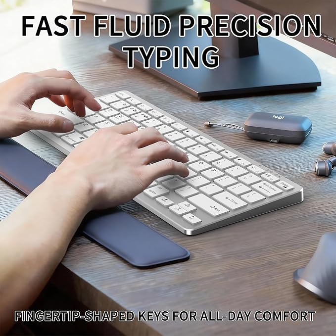 JKSML Wireless Keyboard with 78 Keys, Bluetooth and 2.4 GHz Wireless, Low Profile, Fluid Quiet Typing, 12 Programmable Keys, USB C Rechargeable, for Phone, Tablet, PC, Laptop, Smart TV - White