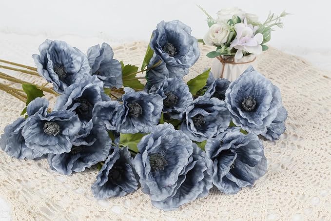 6PCS Poppies Flowers Artificial Silk Flowers 32in Artificial Poppies Dusty Blue Flowers for Wedding Home Party Table Centerpiece Arrangement Decoration (Dusty Blue)