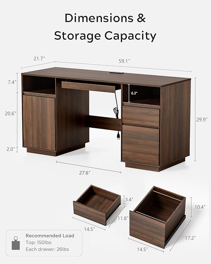 59" Office Desk, Farmhouse Wide Home Executive Desk with File Drawer & Open Storage & Power Outlet, Wooden Computer Desk for Study Writing, Brown