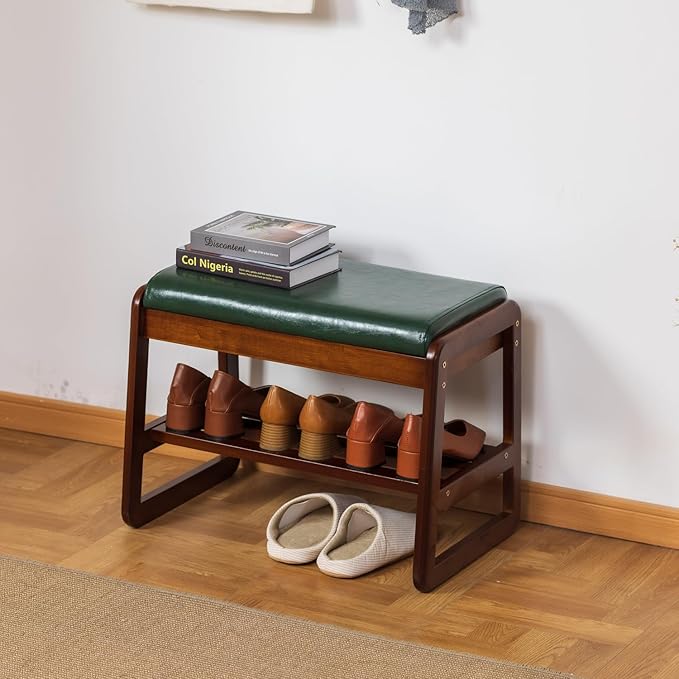 SOBIBO Solid Wood Shoe Bench, 2-Tier Entryway Bench with Cushion and Flip-Open Storage Box, Mid-Century Modern Shoe Bench Rack for Hallway, Mudroom(Green, 21.65'')