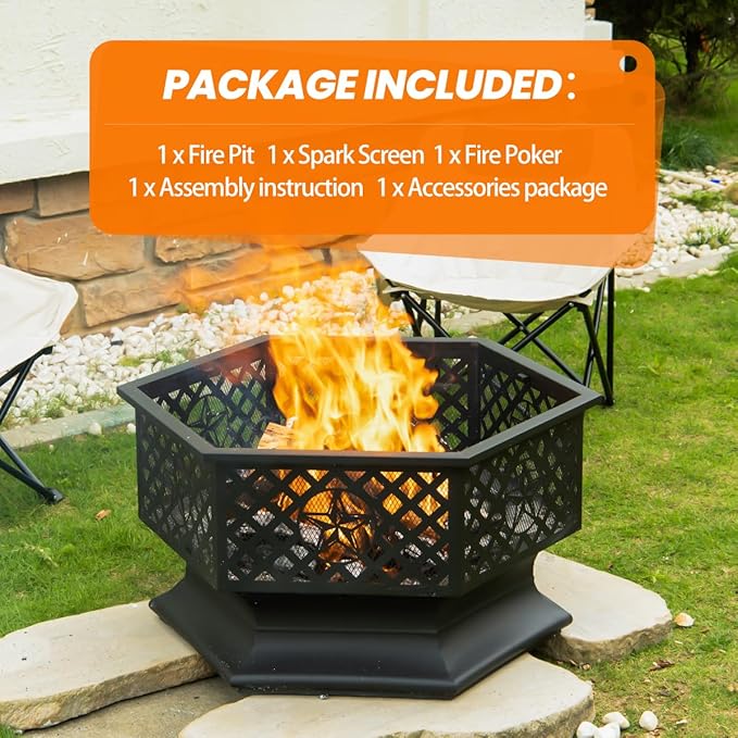 Panovue 28 Inch Hex-Shaped Fire Pit,Wood Burning Fire Pits for Outside with Spark Screen&Poker,Metal Hexagon Outdoor Firepit for Backyard,Bonfire,Patio,Party,Garden,Picnic and Camping(28'' Black)