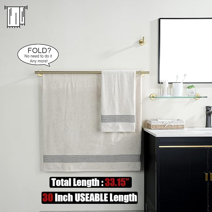 JQK Double Bath Towel Bar, Brushed Gold 33 Inch 304 Stainless Steel Thicken 0.8mm Towel Rack for Bathroom, Towel Holder Wall Mount, Useable Length 30 Inch, TB100L30-BG