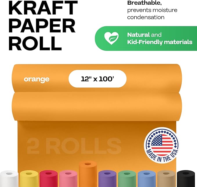 12" x 1200" (100 ft) Orange Kraft Paper Roll, Pack of 2 - USA-Made Quality Craft Paper for Gift Wrapping, Kids' Arts & Crafts, School Projects - 50 lb Natural Material by IDL Packaging