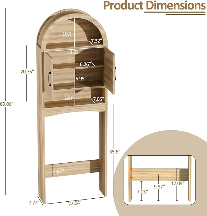 Spurgehom Over The Toilet Storage Cabinet, Bathroom Shelf Organizer Freestanding, Bathroom Arch Cabinet Over Toilet with Toilet Paper Holder and Anti-Tipping Device (Narrow Style-Wood)