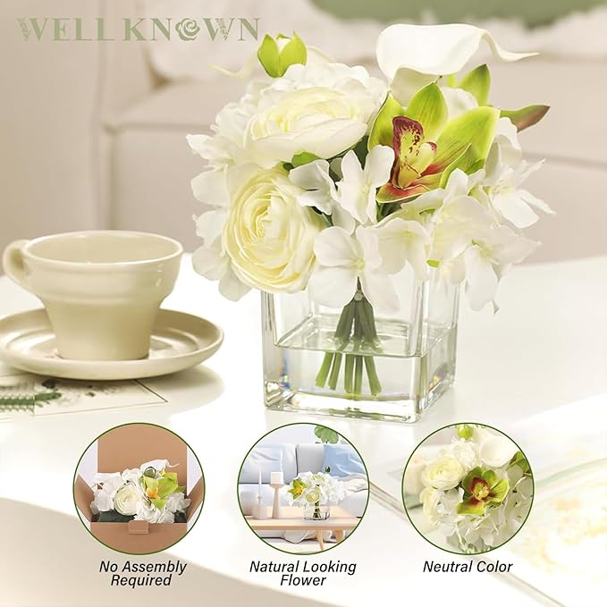 WELL KNOWN Fake Flowers in Vase, Mixed Artificial Flower with Fake Water in Glass Vase Realistic Hydrangea Calla Lily Ranunculus Silk Faux Floral Centerpiece for Coffee Dining Table Office Decor White