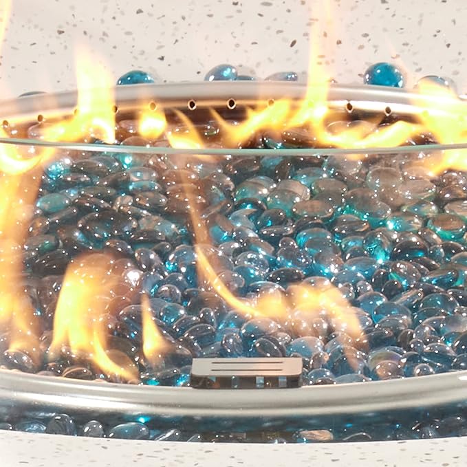 COSIEST Outdoor Propane Fire Pit Coffee Table w Terrazzo White 40.5-inch Round Base Patio Heater, Certified, 50,000 BTU Stainless Steel Burner, Wind Guard, Aqua Blue Fire Glass, Rain Cover