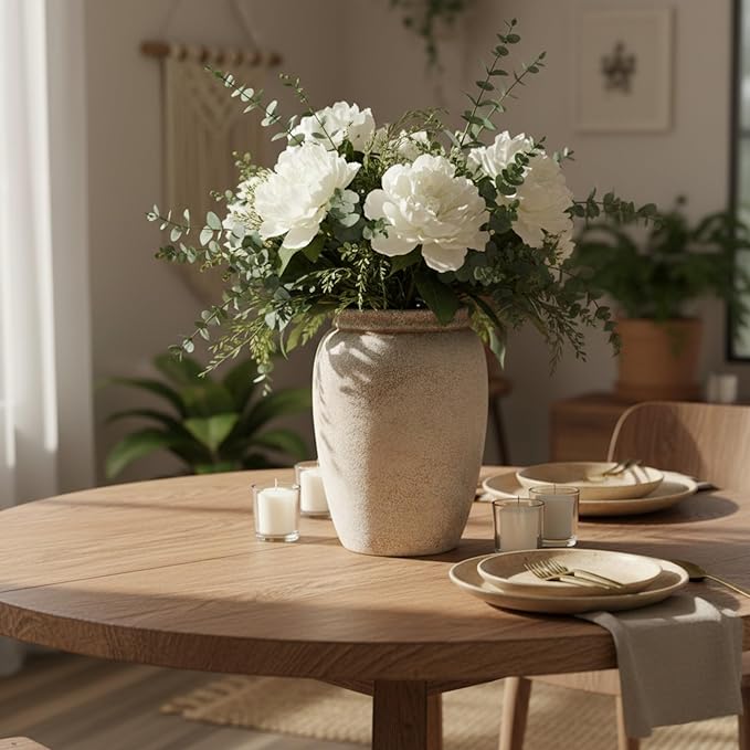 Ceramic Flower Vase,8.5 Inch Rustic Farmhouse Pottery Vase Home Decor Vintage Terracotta Country Decor Vases for Dining Table Decorations Living Room Entryway Kitchen Bedroom Mantel Book Shelf,Neutral