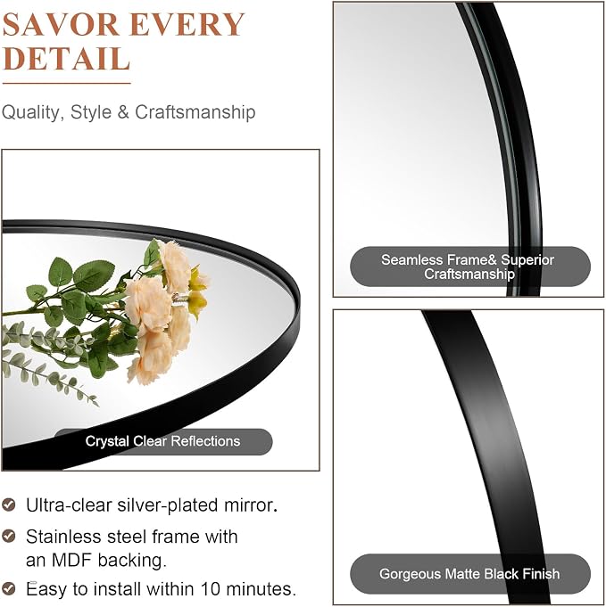 ANDY STAR Arched Mirror, 22 x 30 Inch Black Wall Mirror in Stainless Steel Metal Frame, Arch Top Rounded Corner 1 Inch Deep Set Design Wall Mount Hangs Vertical
