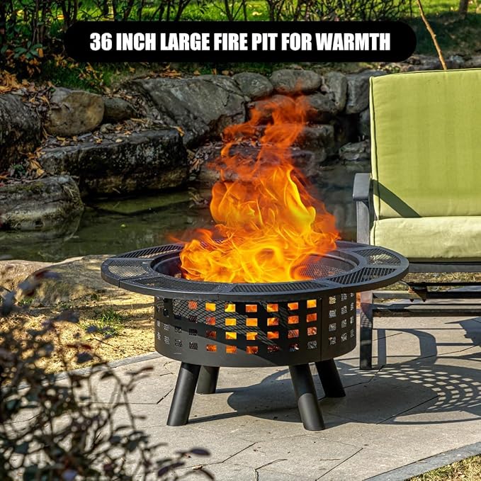Verdeluxe 36 inch Outdoor Fire Pit with Grill,Wood Burning Firepits for Outside with Lid & Fire Poker,Metal 3-in-1 Fire Pit Table with Cooking Grate,Outdoor Fireplaces for Bonfire,Yard,BBQ（Jet Black）