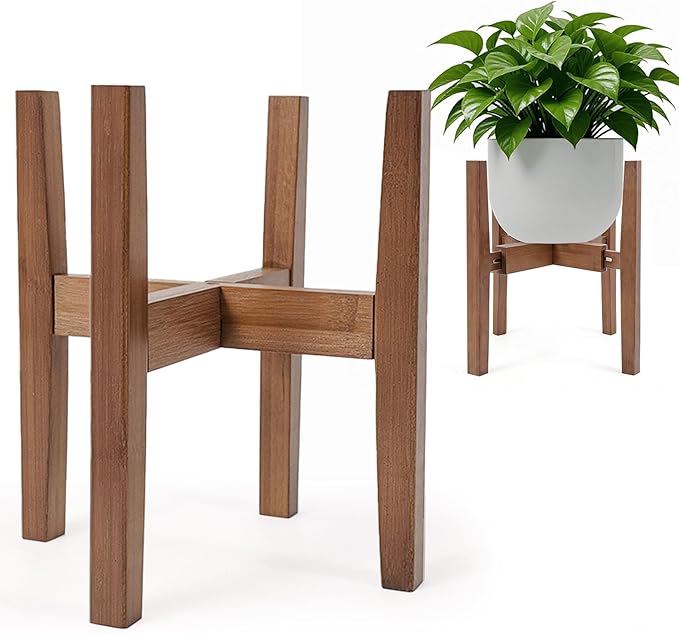 Natural Bamboo Plant Stand Indoor, Adjustable Plant Shelf Indoor Fits 8-12 Inch Pots, Mid Century Modern Decor to Refresh Your Space(Pot & Plant Not Included)