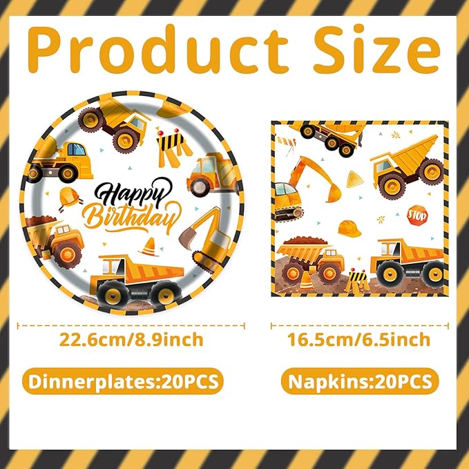 T-Antrix 40 Pcs Construction Plates And Napkins Party Supplies, Truck Birthday Decorations Disposable Paper Tableware Set for Boys Kids Construction Themed Birthday Party Serves 20