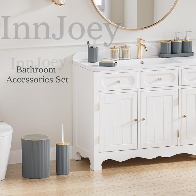 10PC Bathroom Accessories Set - Grey and Wooden Bathroom Sets, Bathroom Accessory Set with Pop Up Trash Can, Toilet Brush, Trash Can, Qtip Holder & Soap Dispenser